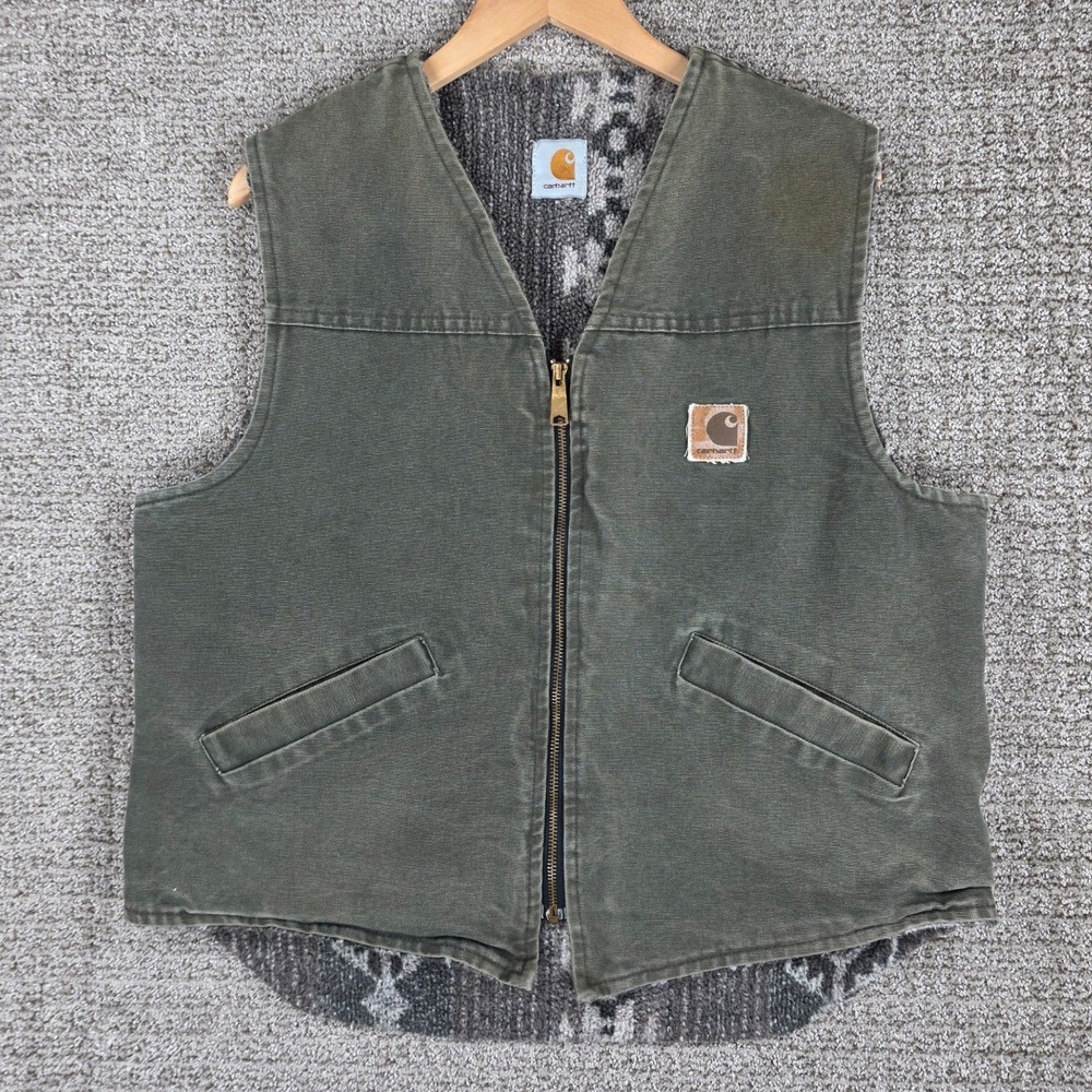 Vintage Carhartt Aztec Pile Lined Mens Moss Green Fleece Canvas Vest XL VP166